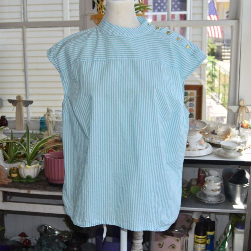 Vintage Y2K Liz Claiborne Blouse Large Aqua Striped Cotton Nautical Top Large